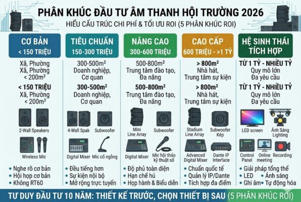 Đồ họa tổng hợp 5 phân khúc đầu tư âm thanh hội trường của Việt Hưng Audio: (1) Cơ bản <150tr cho xã/phường; (2) Tiêu chuẩn 150-300tr cho doanh nghiệp; (3) Nâng cao 300-600tr cho hội trường đa năng; (4) Cao cấp 600tr-1 tỷ chuẩn quốc tế; (5) Hệ sinh thái tích hợp >1 tỷ tích hợp LED, ánh sáng và tự động hóa. Nhấn mạnh triết lý "Thiết kế trước, chọn thiết bị sau" cho tầm nhìn 10 năm.