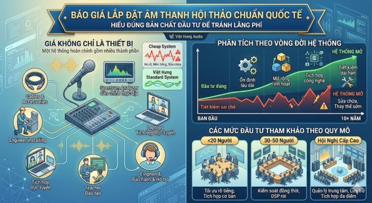 Infographic phân tích chi tiết về cấu trúc báo giá âm thanh hội thảo gồm 3 phần: (1) Giá không chỉ là thiết bị: Bao gồm cả dây dẫn, phụ kiện, kỹ thuật thi công, cấu hình DSP, đào tạo vận hành và bảo hành; (2) Phân tích vòng đời hệ thống: Biểu đồ so sánh giữa "Đầu tư đúng" (ổn định, tiết kiệm dài hạn) và "Tiết kiệm sai chỗ" (phát sinh chi phí sửa chữa cao); (3) Mức đầu tư tham khảo: Phân loại cho phòng họp <20 người, 30-50 người và hội nghị cấp cao.