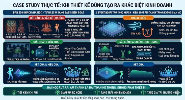 Infographic kỹ thuật so sánh hai Case Study âm thanh sân khấu. Tiêu đề lớn: 'CASE STUDY THỰC TẾ: KHI THIẾT KẾ ĐÚNG TẠO RA KHÁC BIỆT KINH DOANH'. Chia làm hai cột chính. Cột 1 (trái, Bar 250 khách): header đỏ '1. BAR 250 KHÁCH (HÀ NỘI) - TỪ BASS Ù SANG BASS KIỂM SOÁT'. Ba phần ngang. 'BỐI CẢNH & VẤN ĐỀ (TRƯỚC)' (đỏ) với icon loa lộn xộn, text: '6 LOA FULL 15", 6 SUB 18", NHƯNG KÉM PHẢN HỒI'. 'BASS Ù, RUNG SÀN', 'VOCAL CHÌM', 'GÓC CUỐI YẾU'. SPL graph méo. 'GIẢI PHÁP TRIỂN KHAI' (xanh) với 'TÁI CẤU TRÚC HỆ THỐNG', 'DSP ĐO LƯỜNG'. Sơ đồ Sub centralized Cardioids. 'Gom 4 Sub central Cardioids', 'delay từng cụm loa', 'Limiter'. 'KẾT QUẢ & HIỆU QUẢ' (xanh đậm) với 'SPL 100 dB (ỔN ĐỊNH)', 'CHÊNH LỆCH ĐẦU/CUỐI <5 dB', 'BASS CHẮC, KHÔNG RUNG SÀN'. List 'DOANH THU CUỐI TUẦN TĂNG', 'KHÁCH Ở LẠI LÂU HƠN'. Smooth SPL graph. Cột 2 (phải, Event 1000 khách): header cam '2. EVENT NGOÀI TRỜI 1000 KHÁCH - KIỂM SOÁT TRONG KHÔNG GIAN MỞ'. Ba phần ngang. 'THÁCH THỨC' (cam) với icon không gian mở, text: 'QUẢNG TRƯỜNG MỞ, SÂU >50m', 'GIÓ, SUY HAO MẠNH'. 'Chiều sâu lớn, Gió, Không gian mở'. 'CẤU CHÌNH & CHIẾN LƯỢC TUNING' (xanh) với 'LINE ARRAY', 'SUB ĐÔI 18"', 'DELAY TOWER'. Sơ đồ angles array, delay tower location. 'Căn chỉnh góc', 'Delay tower trễ', 'Sub array đồng pha'. 'KẾT QUẢ' (xanh đậm) với 'Hệ thống chuẩn chuyên nghiệp', 'ÂM THANH PHỦ ĐỀU', 'VOCAL RÕ Ở XA', 'ÍT MÉO Ở SPL CAO'. Smooth coverage chart. Chân trang 'BÀI HỌC RÚT RA: ÂM THANH LÀ BÀI TOÁN HỆ THỐNG, KHÔNG PHẢI THIẾT BỊ' với 4 icon phẳng: 'TIẾT KIỆM CHI PHÍ', 'GIẢM RỦI RO HỎNG', 'TĂNG TRẢI NGHIỆM KHÁCH', 'TĂNG GIÁ TRỊ THƯƠNG HIỆU'. Văn bản 'Giải pháp kỹ thuật từ nền tảng khoa học - Việt Hưng Audio'. 100% tiếng Việt, icon phẳng, không logo.