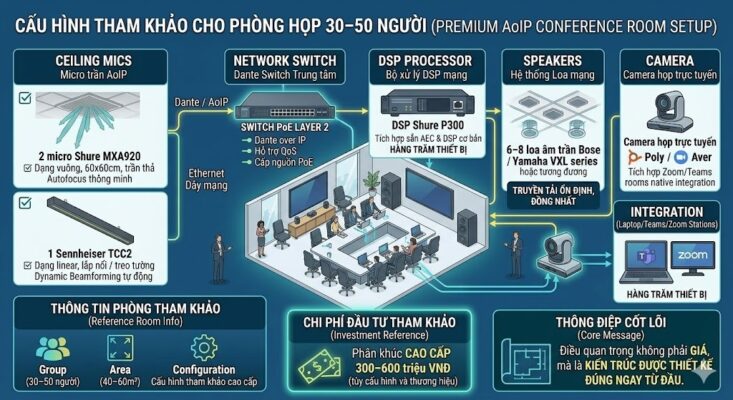 Infographic chi tiết sơ đồ thiết kế phòng họp 30-50 người (diện tích 40-60m²). Sơ đồ bao gồm các thành phần kết nối qua mạng Ethernet: Micro trần (2x Shure MXA920 hoặc 1x Sennheiser TCC2), Switch PoE Layer 2 hỗ trợ QoS, Bộ xử lý DSP Shure P300 tích hợp AEC, Hệ thống 6-8 loa âm trần Bose/Yamaha VXL và Camera họp trực tuyến Poly/Aver tích hợp Zoom/Teams. Phần dưới hiển thị thông tin đầu tư tham khảo 300-600 triệu VNĐ và thông điệp cốt lõi: "Điều quan trọng không phải GIÁ, mà là KIẾN TRÚC ĐƯỢC THIẾT KẾ ĐÚNG NGAY TỪ ĐẦU".