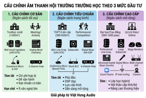 Infographic so sánh 3 cấu hình âm thanh hội trường trường học. Cột 1: Cơ bản (<300m², tiểu học, <$X) dùng loa treo tường AAV, mixer analog, UHF, cho họp. Cột 2: Tiêu chuẩn (300-600m², THPT liên cấp, $Y) dùng Line Array mini, DSP dsp, IP nội bộ cho văn nghệ. Cột 3: Cao cấp (500-1000 chỗ, Đại học, $Z) dùng Line Array lớn, Mixer Scene, Zoom/Teams, IP toàn trường cho hội thảo. Thiết kế B2B chuyên nghiệp, phẳng, tiếng Việt, không logo, chân trang text "Giải pháp từ Việt Hưng Audio".
