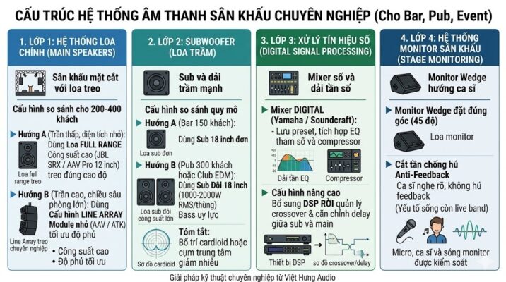 Infographic kỹ thuật chuyên nghiệp mô tả chi tiết cấu trúc 4 lớp của hệ thống âm thanh sân khấu chuyên nghiệp cho Bar, Pub, Event. Tiêu đề lớn: CẤU TRÚC HỆ THỐNG ÂM THANH SÂN KHẤU CHUYÊN NGHIỆP. 4 Cột: 1. LỚP 1: HỆ THỐNG LOA CHÍNH (Main Speakers) chia làm 2 hướng so sánh cho 200-400 khách: Trần thấp diện tích nhỏ dùng Loa Full Range công suất cao (JBL SRX / AAV Pro 12 inch) treo đúng cao độ; Trần cao chiều sâu phòng lớn dùng Cấu hình Line Array Module nhỏ (AAV / ATK) tối ưu độ phủ. Icon phẳng sơ đồ treo loa. 2. LỚP 2: SUBWOOFER (Loa trầm) chia làm 2 hướng so sánh quy mô: Bar 150 khách dùng Sub 18 inch đơn; Pub 300 khách Club EDM dùng Sub Đôi 18 inch (1000-2000W RMS/thùng) bass uy lực. Sơ đồ bố trí cardioid hoặc cụm trung tâm giảm nhiễu giảm dội vocal. Icon sub và dải trầm. 3. LỚP 3: XỬ LÝ TÍN HIỆU SỐ (Digital Signal Processing) chia làm 2 hướng: Mixer Digital (Yamaha / Soundcraft) lưu preset EQ compressor; Cấu hình nâng cao dùng DSP rời quản lý crossover & delay giữa sub và main. Icon mixer và dải tần số. 4. LỚP 4: HỆ THỐNG MONITOR SÂN KHẤU (Stage Monitoring) chia làm 2 hướng: Monitor Wedge đặt đúng góc (45 độ); Cắt tần chống hú anti-feedback sống còn live band ca sĩ nghe rõ. Icon monitor và ca sĩ micro. Văn bản tiếng Việt 100%. Cuối ảnh có text nhỏ: Giải pháp từ Việt Hưng Audio.