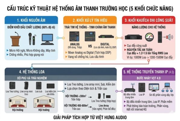 Infographic kỹ thuật B2B/B2G kích thước 600x400 pixel mô tả cấu trúc 5 khối chức năng của hệ thống âm thanh hội trường trường học. Bố cục 5 khối ngang được đánh số và kết nối bằng mũi tên tín hiệu. 1. Khối nguồn âm: Micro cổ ngỗng hội nghị (Bosch/TOA), micro không dây UHF (Shure/Sennheiser/AAV), máy tính. 2. Khối xử lý tín hiệu: Mixer analog vs digital tích hợp DSP, vang số chống hú, auto EQ. 3. Khối khuếch đại công suất: Cục đẩy công suất (1.2-1.5 lần tổng RMS loa), nguyên tắc an toàn. 4. Hệ thống loa: Loa treo tường (<300m², trần thấp), Line array mini (400-800m², trần cao, văn nghệ), Sub, Kiểm âm. Sơ đồ mặt cắt hội trường. 5. Hệ thống truyền thanh IP (4.0): Bộ điều khiển trung tâm, Loa IP, Phần mềm, Phát thông báo toàn trường, Phân vùng, Kết nối Internet/4G. Chân trang ghi 'Giải pháp tích hợp từ Việt Hưng Audio'. Nền trắng sạch. Văn bản tiếng Việt rõ ràng, tóm tắt chi tiết.