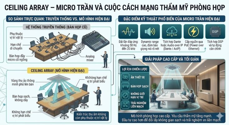Infographic so sánh trực quan giữa hệ thống truyền thống (bàn họp cũ với micro cổ ngỗng dày đặc, dây dẫn phức tạp, phụ thuộc vị trí vật lý) và mô hình hiện đại Ceiling Array (Micro trần thông minh). Hình ảnh minh họa các "vùng thu ảo" tỏa xuống bàn họp sạch bóng, không dây dẫn. Các đặc điểm kỹ thuật được liệt kê: Dải tần 50Hz-20kHz, Dynamic range cao, tích hợp Dante/AoIP, cấp nguồn PoE và tích hợp DSP tự động cân chỉnh. Phần lợi ích chiến lược nhấn mạnh: Ẩn thiết bị, bàn họp sạch, không giới hạn vị trí và trải nghiệm liền mạch.