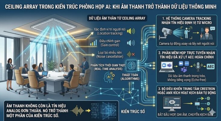 Infographic kỹ thuật mô tả sự tích hợp của Micro trần (Ceiling Array) vào hệ sinh thái phòng họp AI. Sơ đồ minh họa quá trình chuyển đổi từ âm thanh sang dữ liệu qua 3 bước: (1) Hệ thống Camera Tracking nhận tín hiệu định vị từ micro để tự động xoay và lấy nét người nói; (2) Phần mềm họp trực tuyến (Zoom/Teams) nhận tín hiệu âm thanh đã xử lý AEC trong trẻo; (3) Bộ điều khiển trung tâm (Crestron/AMX) kích hoạt kịch bản tự động như ghi âm, chuyển cảnh. Nhấn mạnh thông điệp: "Âm thanh không còn là tín hiệu analog đơn thuần, nó là một phần của kiến trúc số".