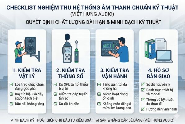 Infographic 4 bước checklist nghiệm thu hệ thống âm thanh chuyên nghiệp của Việt Hưng Audio: 1. Kiểm tra vật lý (loa treo, dây, đầu nối), 2. Kiểm tra thông số (đo SPL 6 vị trí, đáp tuyến tần số, độ ồn nền), 3. Kiểm tra vận hành (gain tối đa, micro ổn định, không méo tiếng), 4. Hồ sơ bàn giao (sơ đồ, danh mục, thông số thực tế, hướng dẫn). Cam kết minh bạch kỹ thuật và chất lượng dài hạn.