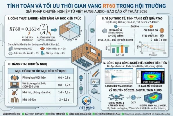 Một infographic kỹ thuật kích thước 1200x800 pixel từ Việt Hưng Audio. Nội dung chia làm 4 phần: 1. Công thức Sabine RT60 = 0.161 x (V/A) với bảng hệ số hấp thụ vật liệu (bê tông, thảm, nỉ). 2. Ví dụ tính toán RT60 cho hội trường 400m2 đạt chuẩn 1.10s. 3. Bảng RT60 khuyến nghị cho phòng họp (0.6-0.8s), hội trường (0.8-1.2s), nhà hát (1.4-1.8s). 4. Công nghệ đo hiện đại bằng phần mềm EASE 3D, Room EQ Wizard và kỹ thuật Digital Twin với cảm biến MEMS. Văn bản tiếng Việt 100%, thiết kế phẳng hiện đại, không logo AI.