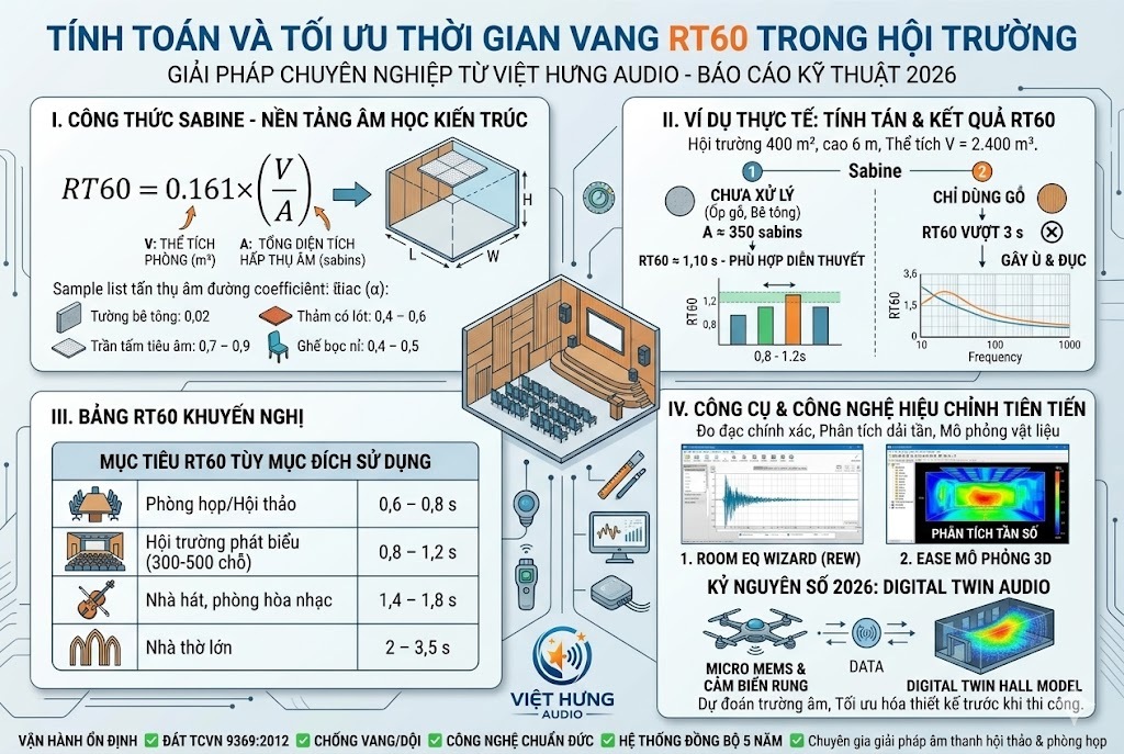 Một infographic kỹ thuật kích thước 1200x800 pixel từ Việt Hưng Audio. Nội dung chia làm 4 phần: 1. Công thức Sabine RT60 = 0.161 x (V/A) với bảng hệ số hấp thụ vật liệu (bê tông, thảm, nỉ). 2. Ví dụ tính toán RT60 cho hội trường 400m2 đạt chuẩn 1.10s. 3. Bảng RT60 khuyến nghị cho phòng họp (0.6-0.8s), hội trường (0.8-1.2s), nhà hát (1.4-1.8s). 4. Công nghệ đo hiện đại bằng phần mềm EASE 3D, Room EQ Wizard và kỹ thuật Digital Twin với cảm biến MEMS. Văn bản tiếng Việt 100%, thiết kế phẳng hiện đại, không logo AI.