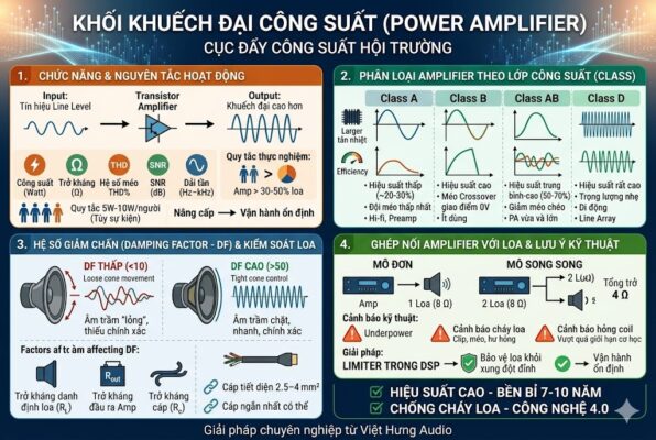 Một infographic kỹ thuật B2B kích thước 1200x800 pixel giới thiệu 'KHỐI KHUẾCH ĐẠI CÔNG SUẤT (POWER AMPLIFIER)' cho hội trường. Chia làm 4 khối đánh số. Khối 1: '1. CHỨC NĂNG & NGUYÊN TẮC HOẠT ĐỘNG' (Warn orange). Biểu đồ dòng tín hiệu 'Tín hiệu Line Level' (ordered wave) -> Transistor Amplifier symbol -> 'Output: Khuếch đại cao hơn' (large ordered wave). Icons với text: 'Công suất (Watt)', 'Trở kháng (Ω)', 'Hệ số méo THD%', 'SNR (dB)', 'Dải tần (Hz–kHz)'. Quy tắc thực nghiệm: Icons người, text: 'Quy tắc 5W-10W/người (Tùy sự kiện)'. 'Amp > 30-50% loa'. Mũi tên flow 'Nâng cấp -> Vận hành ổn định'. Khối 2: '2. PHÂN LOẠI AMPLIFIER THEO LỚP CÔNG SUẤT (CLASS)' (Emerald green). Bảng so sánh 4 Class A, B, AB, D với dạng sóng và hiệu suất. Class D >90%, AB phổ biến, A hi-fi, B méo crossover. Icons flat. Khối 3: '3. HỆ SỐ GIẢM CHẤN (DAMPING FACTOR - DF) & KIỂM SOÁT LOA' (Tech blue/grey). Biểu đồ so sánh DF Thấp (<10) 'Âm trầm "lỏng"' màng loa loose vs. DF Cao (>50) 'Âm trầm chặt' màng loa tight. Sóng ordered vs. disorderly. Yếu tố R_L, R_out, R_c. Cáp 2.5-4mm2. Khối 4: '4. GHÉP NỐI AMPLIFIER VỚI LOA & LƯU Ý KỸ THUẬT' (Solution green). Mô hình đơn vs. song song 4Ω. Cảnh báo cháy loa 'Underpower', hỏng coil 'Overpower'. Giải pháp 'LIMITER TRONG DSP' bảo vệ. summary checklist: 'HIỆU SUẤT CAO - BỀN BỈ 7-10 NĂM'. 'CHỐNG CHÁY LOA - CÔNG NGHỆ 4.0'. White background, vector style, 100% Vietnamese. 'Giải pháp chuyên nghiệp từ Việt Hưng Audio' text.