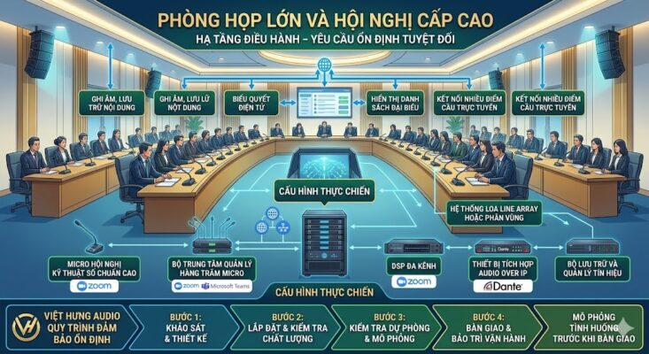 Infographic phối cảnh 3D một phòng hội nghị cấp cao hiện đại. Sơ đồ mô tả các tính năng tích hợp: Ghi âm/lưu trữ nội dung, biểu quyết điện tử, hiển thị danh sách đại biểu, kết nối đa điểm trực tuyến. Cấu hình kỹ thuật thực chiến gồm: Hệ thống micro kỹ thuật số chuẩn cao, bộ trung tâm quản lý hàng trăm thiết bị, DSP đa kênh, thiết bị Audio over IP (Dante), hệ thống loa line array. Phần chân ảnh hiển thị quy trình đảm bảo ổn định 5 bước: Khảo sát, Lắp đặt kiểm tra, Kiểm tra dự phòng, Bàn giao và Mô phỏng tình huống trước khi vận hành chính thức.