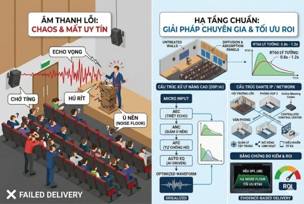 Đồ họa so sánh hai mô hình: (Trái) Âm thanh lỗi gây hú rít, echo, nhiễu nền làm mất uy tín tổ chức; (Phải) Giải pháp chuyên gia của Việt Hưng Audio với hạ tầng chuẩn: Xử lý vật liệu tiêu âm (RT60), hệ thống Dante/IP, DSP tích hợp AI (AEC, ANC, AFC) và minh chứng bằng số liệu đo kiểm SPL/ROI. Nhấn mạnh sự ổn định và chuyên nghiệp cho hội trường lớn.