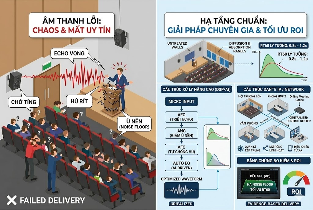 Đồ họa so sánh hai mô hình: (Trái) Âm thanh lỗi gây hú rít, echo, nhiễu nền làm mất uy tín tổ chức; (Phải) Giải pháp chuyên gia của Việt Hưng Audio với hạ tầng chuẩn: Xử lý vật liệu tiêu âm (RT60), hệ thống Dante/IP, DSP tích hợp AI (AEC, ANC, AFC) và minh chứng bằng số liệu đo kiểm SPL/ROI. Nhấn mạnh sự ổn định và chuyên nghiệp cho hội trường lớn.