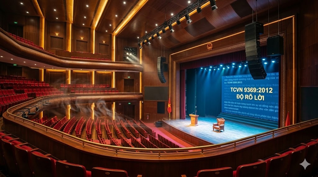 Một bức ảnh thực tế chụp góc rộng từ ban công nhìn xuống và qua một hội trường lớn, tráng lệ với các ghế nhung đỏ nhiều tầng và ốp gỗ tối màu trên tường và trần nhà. Hệ thống loa line-array nhập khẩu cao cấp được treo từ lưới trần ở cả hai bên sân khấu. Một sân khấu được chiếu sáng rực rỡ có một bục phát biểu và một chiếc ghế bành sang trọng, với màn hình LED lớn phía sau cuộn văn bản tiếng Việt tinh tế bao gồm 'TCVN 9369:2012' và 'ĐỘ RÕ LỜI'. Mặc dù có vẻ ngoài sang trọng và thiết bị đắt tiền, có một sự biến dạng khí quyển kỳ lạ, một khúc xạ lượn sóng, lộn xộn trong không khí lơ lửng cụ thể trên các hàng ghế giữa và cuối trống, tượng trưng cho sóng âm trở nên đục, hỗn loạn và không rõ lời, tương phản với sân khấu rõ ràng ở xa. Nền sạch, hiện đại, văn bản tiếng Việt rõ ràng.