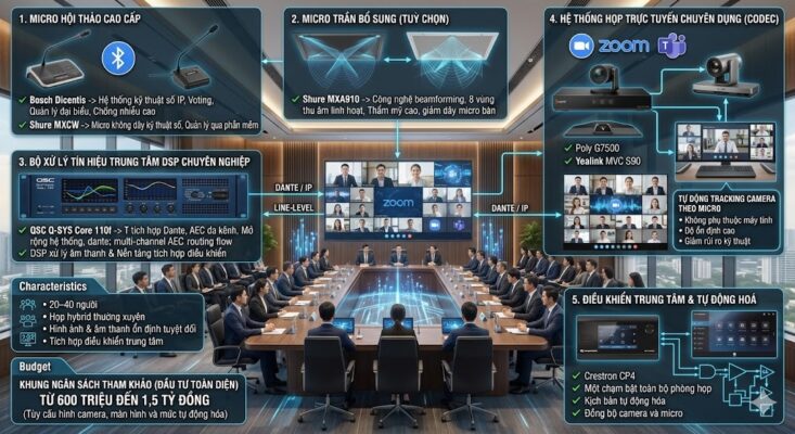 Sơ đồ hệ thống phòng họp cao cấp diện tích 50-100m2 cho 20-40 người. Hình ảnh bóc tách 5 thành phần cốt lõi: (1) Micro hội thảo Bosch Dicentis/Shure MXCW tích hợp voting; (2) Micro trần Shure MXA910 công nghệ beamforming thẩm mỹ cao; (3) Bộ xử lý DSP QSC Q-SYS Core 110f chạy Dante và AEC đa kênh; (4) Hệ thống Codec họp trực tuyến Poly/Yealink tự động tracking camera theo micro; (5) Bộ điều khiển trung tâm Crestron CP4 vận hành một chạm. Khung ngân sách tham khảo từ 600 triệu đến 1,5 tỷ đồng.