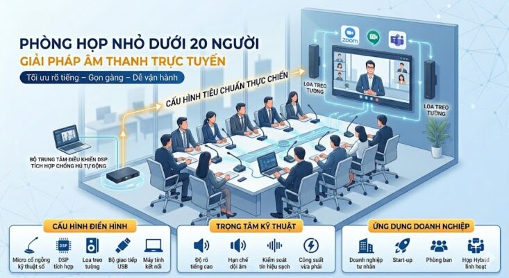 Infographic phối cảnh 3D phòng họp nhỏ hiện đại cho dưới 20 người. Sơ đồ hiển thị cấu hình thiết bị bao gồm: Micro cổ ngỗng kỹ thuật số, bộ trung tâm điều khiển DSP tích hợp chống hú, hệ thống loa treo tường và bộ giao tiếp USB kết nối họp trực tuyến (Zoom, Teams). Phần dưới bóc tách trọng tâm kỹ thuật: Độ rõ tiếng cao, hạn chế dội âm, kiểm soát tín hiệu sạch và công suất vừa phải. Phù hợp cho doanh nghiệp tư nhân, startup và các phòng ban.