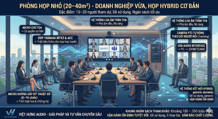 Phối cảnh 3D phòng họp nhỏ hiện đại 20-40m2 cho 10-20 người tham dự. Sơ đồ hiển thị chi tiết cấu hình đề xuất: Hệ thống 8-16 micro Bosch CCS1000D (tích hợp loa và chống hú), bộ xử lý tín hiệu DSP Yamaha MTX3 tích hợp AEC triệt tiêu echo, hệ thống loa âm trần TOA F-2352C phủ âm đều rõ ràng, và kết nối qua USB Audio Interface tới máy tính chạy Zoom/Teams. Nhấn mạnh: Dễ sử dụng, ít thao tác và ngân sách đầu tư tối ưu cho doanh nghiệp vừa.