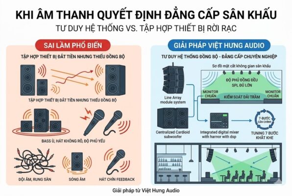Infographic ảnh bìa chuyên nghiệp so sánh hai mô hình: bên trái 'SAI LẦM PHỔ BIẾN' với nền đỏ, icon loa đặt sai, sóng âm ù, dội âm, micro hú, text: 'TẬP HỢP THIẾT BỊ RỜI RẠC, BASS Ù, HÁT KHÔNG RÕ, ĐỘ PHỦ YẾU, DỘI ÂM, RUNG SÀN'. Bên phải 'GIẢI PHÁP VIỆT HƯNG AUDIO' với nền xanh, icon loa Line Array xếp khoa học, sóng âm gọn, micro vocal rõ, text: 'TƯ DUY HỆ THỐNG ĐỒNG BỘ - ĐẲNG CẤP CHUYÊN NGHIỆP, SPL ĐỦ LỚN, ĐỘ PHỦ ĐỒNG ĐỀU, KIỂM SOÁT DẢI TRẦM, TUNING 7 BƯỚC KHẮT KHE'. Sơ đồ mặt cắt sân khấu biểu diễn cho thấy độ phủ âm đồng đều (vùng màu xanh bao trọn khán giả). Icon quy trình 7 bước tuning. Phần dưới: 'TĂNG TRẢI NGHIỆM, TĂNG THƯƠNG HIỆU' và text 'Giải pháp từ Việt Hưng Audio'. 100% tiếng Việt, icon phẳng, không logo.