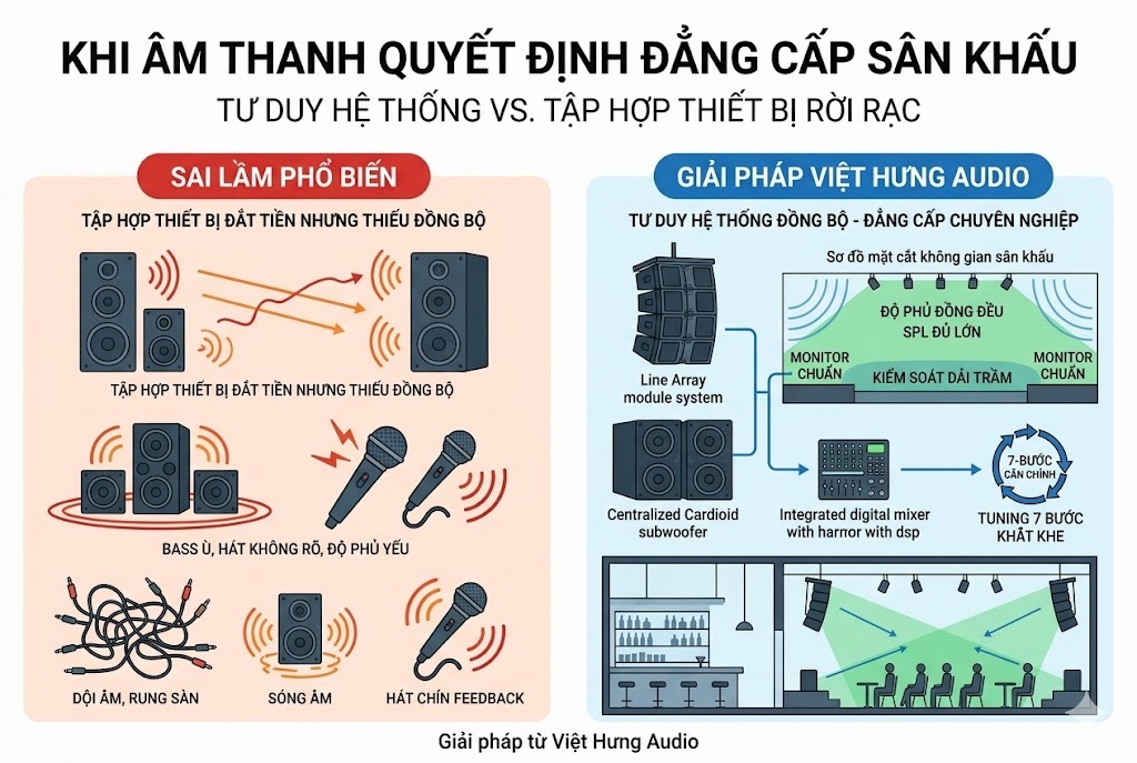 Infographic ảnh bìa chuyên nghiệp so sánh hai mô hình: bên trái 'SAI LẦM PHỔ BIẾN' với nền đỏ, icon loa đặt sai, sóng âm ù, dội âm, micro hú, text: 'TẬP HỢP THIẾT BỊ RỜI RẠC, BASS Ù, HÁT KHÔNG RÕ, ĐỘ PHỦ YẾU, DỘI ÂM, RUNG SÀN'. Bên phải 'GIẢI PHÁP VIỆT HƯNG AUDIO' với nền xanh, icon loa Line Array xếp khoa học, sóng âm gọn, micro vocal rõ, text: 'TƯ DUY HỆ THỐNG ĐỒNG BỘ - ĐẲNG CẤP CHUYÊN NGHIỆP, SPL ĐỦ LỚN, ĐỘ PHỦ ĐỒNG ĐỀU, KIỂM SOÁT DẢI TRẦM, TUNING 7 BƯỚC KHẮT KHE'. Sơ đồ mặt cắt sân khấu biểu diễn cho thấy độ phủ âm đồng đều (vùng màu xanh bao trọn khán giả). Icon quy trình 7 bước tuning. Phần dưới: 'TĂNG TRẢI NGHIỆM, TĂNG THƯƠNG HIỆU' và text 'Giải pháp từ Việt Hưng Audio'. 100% tiếng Việt, icon phẳng, không logo.