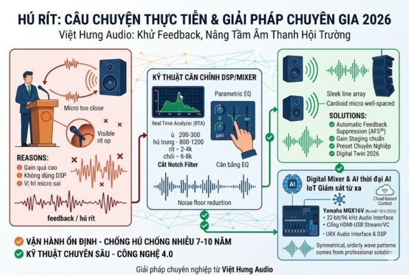 Một infographic kỹ thuật kích thước 1200x800 pixel từ Việt Hưng Audio phân tích hiện tượng feedback. Phía trái mô tả nguyên nhân: Vòng lặp âm thanh giữa Micro và Loa, Gain quá cao, vị trí đặt sai. Ở giữa là kĩ thuật căn chỉnh: Màn hình RTA (Real Time Analyzer), cắt Notch Filter bằng Parametric EQ tại dải 200Hz-8kHz. Phía phải là giải pháp hiện đại: Công nghệ AFS (Automatic Feedback Suppression), Preset chuyên nghiệp, Mixer Yamaha MGX16V (ra mắt 2026) tích hợp AI và IoT giám sát từ xa qua Cloud. Sóng âm chuyển từ nhiễu loạn (đỏ) sang ổn định (xanh). Văn bản tiếng Việt 100%, phong cách B2B chuyên nghiệp.
