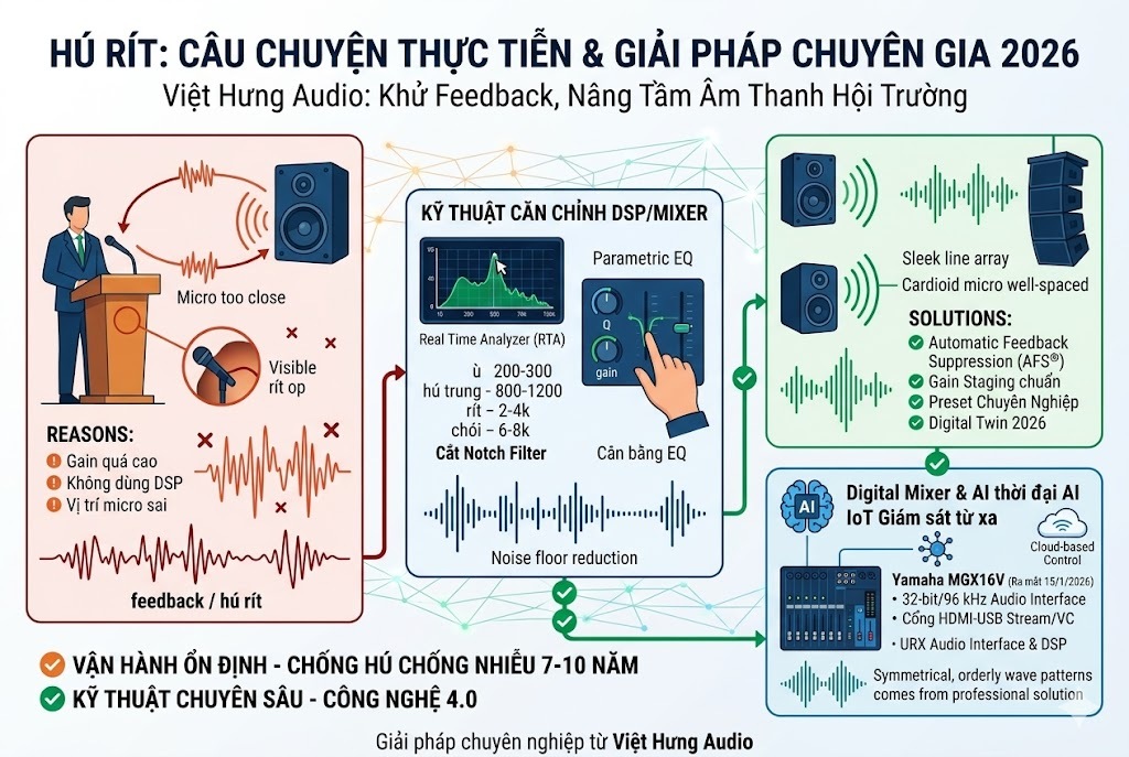 Một infographic kỹ thuật kích thước 1200x800 pixel từ Việt Hưng Audio phân tích hiện tượng feedback. Phía trái mô tả nguyên nhân: Vòng lặp âm thanh giữa Micro và Loa, Gain quá cao, vị trí đặt sai. Ở giữa là kĩ thuật căn chỉnh: Màn hình RTA (Real Time Analyzer), cắt Notch Filter bằng Parametric EQ tại dải 200Hz-8kHz. Phía phải là giải pháp hiện đại: Công nghệ AFS (Automatic Feedback Suppression), Preset chuyên nghiệp, Mixer Yamaha MGX16V (ra mắt 2026) tích hợp AI và IoT giám sát từ xa qua Cloud. Sóng âm chuyển từ nhiễu loạn (đỏ) sang ổn định (xanh). Văn bản tiếng Việt 100%, phong cách B2B chuyên nghiệp.