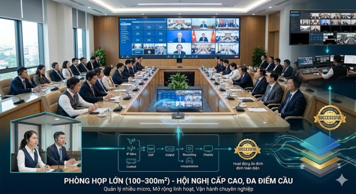 Phối cảnh hội nghị cấp cao quy mô 40-100 người tại hội trường 300m2. Hệ thống tích hợp: (1) Micro IP Bosch Dicentis Wireless bảo mật tuyệt đối; (2) Hệ thống dịch cabin đa ngôn ngữ cho đại biểu quốc tế; (3) DSP Biamp TesiraFORTÉ xử lý Dante đa vùng; (4) Màn hình LED ghép hiển thị đa điểm cầu trực tuyến; (5) Trung tâm điều hành Crestron/AMX tự động hóa ghi âm và camera tracking. Nhấn mạnh khả năng vận hành ổn định toàn diện cho các sự kiện chiến lược.