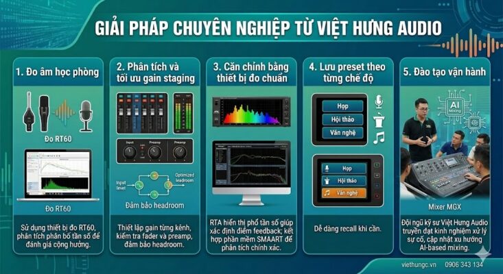 Một infographic kỹ thuật kích thước 1200x800 pixel trình bày 5 trụ cột giải pháp của Việt Hưng Audio. (1) Đo âm học phòng: sử dụng thiết bị đo RT60 và phân tích cộng hưởng. (2) Tối ưu Gain Staging: thiết lập gain từng kênh, đảm bảo headroom. (3) Căn chỉnh thiết bị đo chuẩn: sử dụng RTA và phần mềm SMAART để xác định điểm feedback. (4) Lưu preset: các chế độ Họp, Hội thảo, Văn nghệ giúp recall nhanh chóng. (5) Đào tạo vận hành: chuyển giao kỹ thuật mixer MGX và xu hướng AI-based mixing. Thiết kế hiện đại, tông màu xanh chuyên nghiệp, văn bản tiếng Việt 100%, không logo AI.