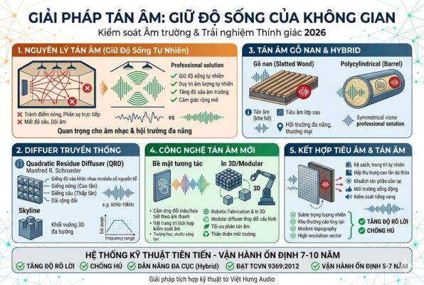 Một infographic kỹ thuật kích thước 1200x800 pixel mô tả các giải pháp tán âm (Acoustic Diffusers). Nội dung chia làm 5 phần: 1. Nguyên lý tán âm (phân tán năng lượng, tránh điểm nóng); 2. Diffuser truyền thống (QRD Schroeder giếng sâu, Skyline khối vuông 3D); 3. Tán âm gỗ nan (Slatted Wood) và Hybrid Polycylindrical (Barrel); 4. Công nghệ mới 2026 (Bề mặt tương tác, In 3D và Modular); 5. Kết hợp Tiêu âm & Tán âm (Hybrid panel). Hình ảnh minh họa các dạng sóng âm tán xạ, cấu tạo lớp vật liệu và sơ đồ phòng. Văn bản tiếng Việt 100%, phong cách hiện đại chuyên nghiệp cho B2B/B2G.