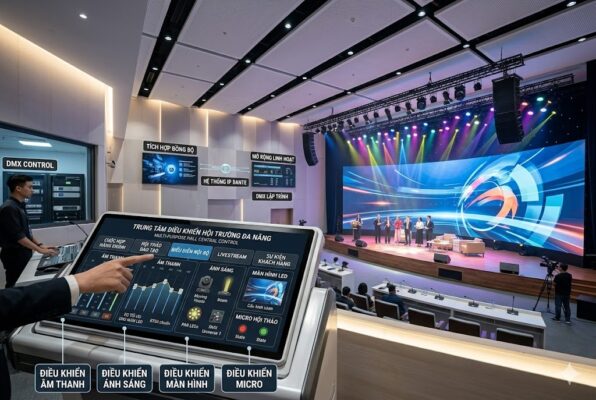 Phối cảnh thực tế hội trường đa năng hiện đại tích hợp màn hình LED lớn, hệ thống ánh sáng sân khấu DMX và bảng điều khiển trung tâm cảm ứng. Giao diện hiển thị các kịch bản vận hành một chạm: Họp hành chính, Hội thảo, Biểu diễn nội bộ và Livestream. Hình ảnh minh họa khả năng tối ưu âm học RT60 đồng bộ với hạ tầng hiển thị và chiếu sáng chuyên nghiệp của Việt Hưng Audio.