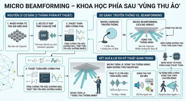 Infographic kỹ thuật giải thích nguyên lý hoạt động của Micro Beamforming gồm 3 thành phần: (1) Ma trận các phần tử thu âm siêu nhỏ (Capsule); (2) Bộ xử lý DSP tính toán độ trễ cực nhỏ; (3) Thuật toán điều chỉnh pha để tăng cường hướng nói và triệt tiêu hướng nhiễu. Sơ đồ so sánh Micro Cardioid truyền thống (1 hướng thu cố định) với Micro Beamforming (vùng thu ảo linh hoạt theo thời gian thực). Đồ họa minh họa 3 lợi ích cốt lõi: Tăng tỉ lệ tín hiệu trên nhiễu (SNR), Giảm thu tạp âm nền và Tự động điều chỉnh vùng thu theo chuyển động người nói. Có logo Việt Hưng Audio ở góc dưới bên trái.