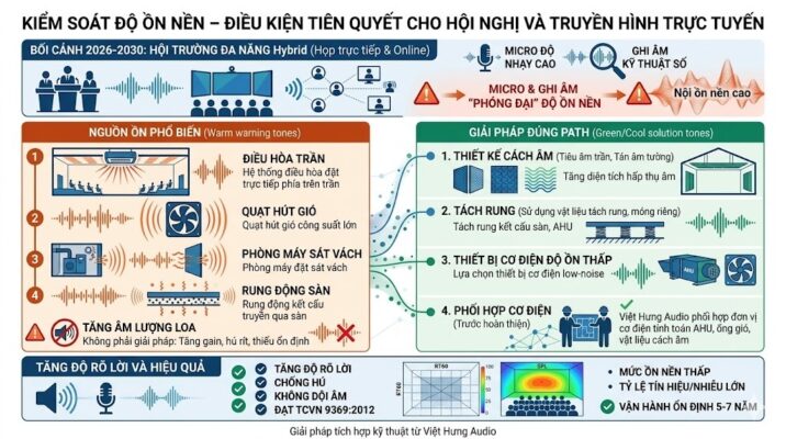 Infographic kỹ thuật mô tả các nguồn gây ồn phổ biến trong hội trường (điều hòa, quạt hút, phòng máy, rung động sàn) và các giải pháp xử lý chuyên sâu của Việt Hưng Audio như cách âm, tách rung kết cấu, phối hợp cơ điện để đảm bảo độ rõ lời nói cho hội nghị trực tuyến.