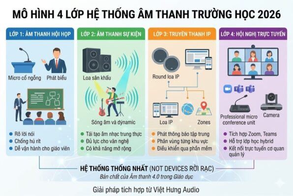Infographic kỹ thuật B2B kích thước 600x400 pixel giới thiệu mô hình 4 lớp hệ thống âm thanh trường học 2026 của Việt Hưng Audio. Bốn cột dọc màu sắc khác nhau đại diện cho các lớp chức năng liên kết chặt chẽ: Cột 1 (màu xanh lam) là Lớp 1: Âm thanh hội họp với micro cổ ngỗng, người phát biểu, Rõ lời nói, Chống hú rít, Dễ vận hành; Cột 2 (màu xanh lá cây) là Lớp 2: Âm thanh sự kiện với loa sân khấu, đèn, Tái tạo âm nhạc, Đủ lực văn nghệ, Mở rộng khi cần; Cột 3 (màu cam) là Lớp 3: Truyền thanh IP với loa mạng, máy tính điều khiển, Phát thông báo tập trung, Phân vùng khu vực, Điều khiển phần mềm; Cột 4 (màu tím) là Lớp 4: Hội nghị trực tuyến với màn hình camera đa điểm, tích hợp Zoom, Teams, Lớp học hybrid, Kết nối cơ quan quản lý. Nền trắng sạch, các lớp kết nối bằng mạng lưới mờ. Chân trang có văn bản nhỏ: Giải pháp từ Việt Hưng Audio.