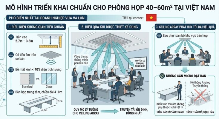 Infographic hướng dẫn các điều kiện tiêu chuẩn để triển khai Micro trần (Ceiling Array) hiệu quả cho phòng họp 40-60m². Các thông số bao gồm: (1) Trần cao 2.7m – 3.3m; (2) Có tiêu âm trần cơ bản; (3) Bề mặt kính chiếm dưới 40% diện tích tường; (4) Bàn họp trung tâm dài 4–8m. Hình ảnh minh họa vùng thu ảo thông minh bao phủ toàn bộ bàn họp, giúp loại bỏ hoàn toàn micro đặt bàn, giảm dây cáp, tăng tính thẩm mỹ và sự linh hoạt cho không gian.
