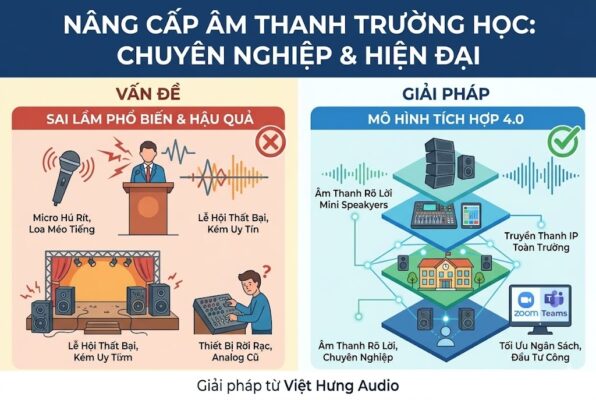 Infographic ảnh bìa chuyên nghiệp kích thước 600x400 pixel cho bài viết về âm thanh trường học. Tiêu đề lớn 'NÂNG CẤP ÂM THANH TRƯỜNG HỌC: CHUYÊN NGHIỆP & HIỆN ĐẠI'. Hình ảnh so sánh hai mô hình: bên trái 'MÔ HÌNH CŨ: RỜI RẠC, ANALOG' với tông màu đỏ trầm, icon micro hú, loa nhiễu, lễ hội lộn xộn; bên phải 'MÔ HÌNH MỚI: TÍCH HỢP 4.0' với tông màu xanh dương, icon Line Array, Digital Mixer, Truyền thanh IP, Hội nghị trực tuyến, buổi lễ thành công. Các sóng âm được sắp xếp gọn gàng cho giải pháp đúng. Dòng chữ 'Giải pháp từ Việt Hưng Audio' ở chân trang. Thiết kế phẳng hiện đại, văn bản tiếng Việt rõ ràng.
