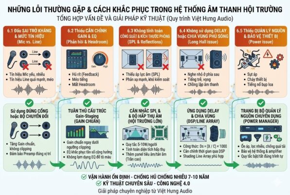 Infographic kỹ thuật chuyên sâu từ Việt Hưng Audio trình bày 5 nhóm lỗi phổ biến và giải pháp trong hệ thống âm thanh hội trường. Bố cục 5 cột dọc so sánh trực quan giữa Lỗi (màu cam) và Giải pháp (màu xanh). Nội dung chi tiết bao gồm: (1) Khắc phục lỗi đấu nối Mic/Line Level; (2) Tối ưu hóa Gain Staging và EQ để chống hú rít; (3) Tính toán mức áp suất âm SPL và độ hấp thụ âm (RT60) theo thể tích phòng; (4) Ứng dụng công thức tính Delay Ds=(X/C)x1000 và kỹ thuật Shading Line Array cho hội trường dài; (5) Sử dụng bộ quản lý nguồn để bảo vệ hệ thống. Hình ảnh sử dụng icon phẳng hiện đại, sơ đồ sóng âm thực tế và sơ đồ mặt cắt hội trường. Văn bản 100% tiếng Việt, phong cách chuyên nghiệp B2B/B2G
