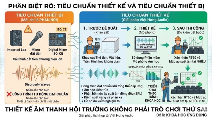 Ảnh chụp thực tế góc rộng từ phía sau một hội trường lớn sang trọng, ghế bọc nỉ đỏ, tường ốp gỗ tiêu âm. Trên sân khấu có bục phát biểu và màn hình LED lớn hiển thị dòng chữ 'TCVN 9369:2012 - ĐỘ RÕ LỜI'. Hình ảnh mô phỏng tinh tế các sóng âm đang lan tỏa, ở phía cuối phòng các dải sóng hơi mờ và nhiễu kèm ký tự 'Vang', 'Nhòe' để minh họa cho vấn đề âm học kiến trúc, trong khi phía gần sân khấu sóng âm sắc nét. Không logo AI, phong cách chuyên nghiệp B2G.