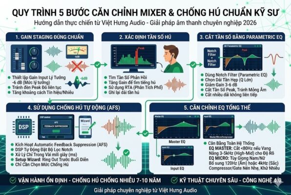 Một infographic kỹ thuật kích thước 1200x800 pixel hướng dẫn 5 bước xử lý âm thanh chuyên nghiệp. Bước 1: 'GAIN STAGING ĐÚNG CHUẨN' (Mức -6dB lý tưởng, tránh đèn Peak đỏ). Bước 2: 'XÁC ĐỊNH TẦN SỐ HÚ' (Sử dụng RTA - Real Time Analyzer). Bước 3: 'CẮT TẦN SỐ BẰNG PARAMETRIC EQ' (Dùng Notch Filter, Q lớn, giảm 3-6dB). Bước 4: 'SỬ DỤNG CHỐNG HÚ TỰ ĐỘNG (AFS)' (Kích hoạt thuật toán DSP, xử lý trong vài mili giây). Bước 5: 'CĂN CHỈNH EQ TỔNG THỂ' (Master EQ cắt <80Hz, nâng 3-5kHz cho độ rõ; Input EQ bù đắp âm sắc; kết hợp Compressor/Gate). Sơ đồ luồng có mũi tên xanh nối tiếp, icons bảng điều khiển mixer digital hiện đại. Văn bản tiếng Việt 100%, phong cách B2B chuyên nghiệp.