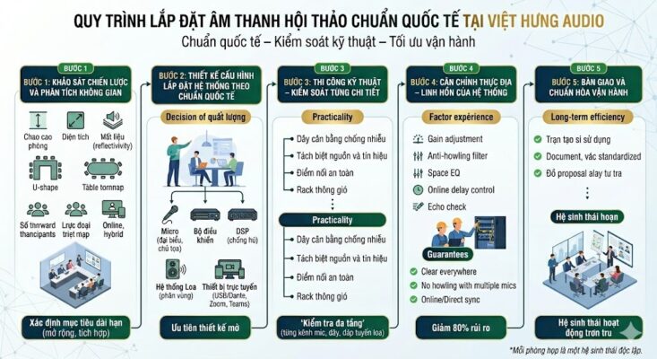 Infographic chi tiết quy trình 5 bước lắp đặt âm thanh hội thảo tại Việt Hưng Audio: (1) Khảo sát chiến lược & phân tích không gian (diện tích, vật liệu, bố cục); (2) Thiết kế cấu hình chuẩn quốc tế (Ưu tiên thiết kế mở, tích hợp DSP/Dante); (3) Thi công kỹ thuật kiểm soát chi tiết (Tách biệt nguồn/tín hiệu, kiểm tra đa tầng); (4) Cân chỉnh thực địa (Linh hồn hệ thống, xử lý chống hú, EQ không gian); (5) Bàn giao & chuẩn hóa vận hành (Đào tạo, tài liệu chuẩn, bảo trì dài hạn). Hình ảnh minh họa sự chuyên nghiệp và tính hệ thống cao.