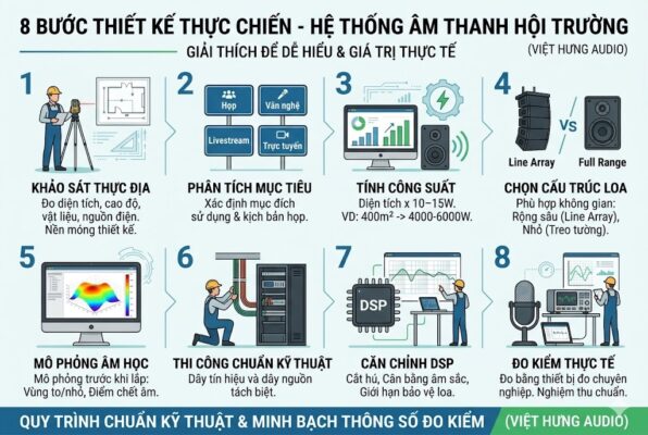 Infographic chi tiết quy trình 8 bước triển khai âm thanh hội trường của Việt Hưng Audio: (1) Khảo sát thực địa đo đạc thông số; (2) Phân tích mục tiêu sử dụng; (3) Tính toán công suất 10-15W/m2; (4) Lựa chọn Line Array hoặc Full Range; (5) Mô phỏng âm học 3D tránh điểm chết; (6) Thi công tách dây nguồn và tín hiệu; (7) Căn chỉnh DSP chống hú; (8) Nghiệm thu bằng thiết bị đo chuyên dụng.