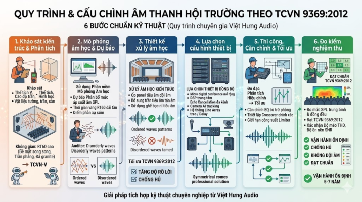 Một infographic kỹ thuật B2B kích thước 600x400 pixel giới thiệu quy trình & cấu hình cho hội trường lớn 300-500m² cấp độ chiến lược. Tiêu đề lớn: 'QUY TRÌNH & CẤU HÌNH HỘI TRƯỜNG CHIẾN LƯỢC (300-500m²)'. Chia làm 4 phần ngang/dọc được đánh số và kết nối. Phần 1: 'MÔ HÌNH & MỤC TIÊU CHIẾN LƯỢC'. Sơ đồ hội trường lớn, text: 'Trung tâm hội nghị tỉnh, Tập đoàn lớn', 'HỘI TRƯỜNG 300-500m² (50-150 Người)', 'Mục tiêu kỹ thuật': 'Phủ âm SPL 95-100 dB ĐỒNG ĐỀU', 'CAMERA ĐA GÓC (PTZ 4K + Toàn cảnh) AI TRACKING', 'HỆ THỐNG MCU CHUYÊN DỤNG (Bộ điều khiển đa điểm)', 'DỰ PHÒNG NGUỒN ĐIỆN & AN TOÀN'. Icon flat. Phần 2: 'CẤU HÌNH ĐỀ XUẤT 2026'. 5 phần nhỏ: 1. Hệ thống micro digital conference (Bosch CCS 1000D >100 máy); 2. DSP trung tâm (dbx DriveRack PA2, Feedback suppression 12 band); 3. Camera đa điểm (2-3 Camera PTZ 4K, 1 Camera toàn cảnh, Bàn điều khiển); 4. Hệ thống loa (Line Array mini/Line Array JBL/AAV, 4000-8000W); 5. MCU & Server (Quản lý đa điểm nội bộ, Ghi hình, Phân quyền). Phần 3: 'HẠ TẦNG & TÍCH HỢP ĐẲNG CẤU'. LED, Livestream, Truyền thông IP. Phần 4: 'KẾT LUẬN & NGÂN SÁCH CHIẾN LƯỢC'. 'NGÂN SÁCH THAM KHẢO 2026: 1,2 - 2,5 TỶ VNĐ'. 'ĐẦU TƯ BỀN VỮNG 7-10 NĂM', 'KHÔNG CẦN THAY MỚI', 'CHỐNG HÚ TUYỆT ĐỐI'. Văn bản tiếng Việt 100%. Cuối ảnh có text nhỏ: 'Giải pháp tích hợp kỹ thuật từ Việt Hưng Audio'. Nền trắng sạch, icon phẳng, không logo.