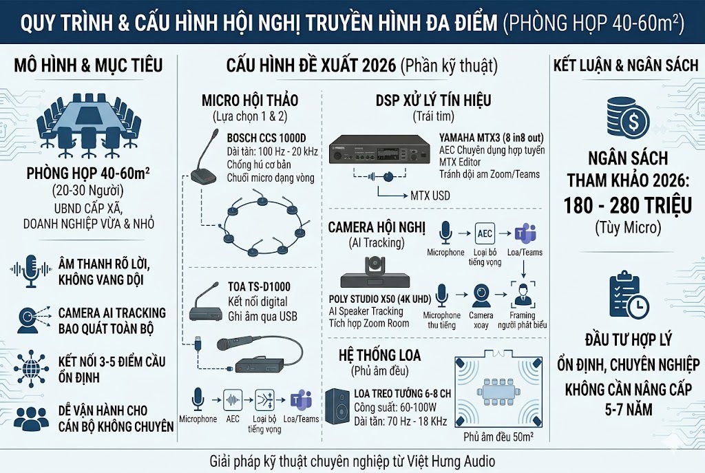 Một infographic kỹ thuật B2B kích thước 600x400 pixel giới thiệu quy trình & cấu hình cho phòng họp hội nghị đa điểm 40-60m². Chia làm 3 cột dọc. Cột 1 (trái, Văn bản tiếng Việt): 'MÔ HÌNH & MỤC TIÊU'. Sơ đồ phòng họp 40-60m², 'UBND CẤP XÃ, DOANH NGHIỆP VỪA & NHỎ', 'Mục tiêu kỹ thuật': 'ÂM THANH RÕ LỜI, KHÔNG VANG DỘI', 'CAMERA AI TRACKING BAO QUÁT TOÀN BỘ', 'KẾT NỐI 3-5 ĐIỂM CẦU ỔN ĐỊNH', 'DỄ VẬN HÀNH CHO CÁN BỘ KHÔNG CHUYÊN'. Icon flat. Cột 2: 'CẤU CHÌNH ĐỀ XUẤT 2026 (Phần kỹ thuật)'. 4 phần nhỏ. 'MICRO HỘI THẢO' với 'BOSCH CCS 1000D', dải tần 100-20k, chống hú cơ bản; và 'TOA TS-D1000', kết nối digital, ghi âm USB. Sơ đồ chuỗi mic. 'DSP XỬ LÝ TÍN HIỆU (Trái tim)' với 'YAMAHA MTX3', AEC Chuyên dụng, MTX Editor, tránh dội Zoom/Teams. 'CAMERA HỘI NGHỊ (AI Tracking)' với 'POLY STUDIO X50 (4K UHD)', AI Speaker Tracking, Tích hợp Zoom Room. 'HỆ THỐNG LOA (Phủ âm đều)' với 'LOA TREO TƯỜNG 6-8 INCH', 'Công suất: 60-100W', 'Dải tần: 70 Hz - 18 kHz'. Sơ đồ phủ âm 50m2. Cột 3: 'KẾT LUẬN & NGÂN SÁCH'. Hình đồng tiền, 'NGÂN SÁCH THAM KHẢO 2026: 180 - 280 TRIỆU (Tùy Micro)'. Hình kiểm tra, 'ĐẦU TƯ HỢP LÝ', 'ỔN ĐỊNH, CHUYÊN NGHIỆP', 'KHÔNG CẦN NÂNG CẤP 5-7 NĂM'. Subtle gradients. No AI logos drawing. Ở chân trang có văn bản nhỏ: Giải pháp từ Việt Hưng Audio. Nền trắng sạch, icon phẳng hiện đại, không logo, 100% tiếng Việt rõ ràng.