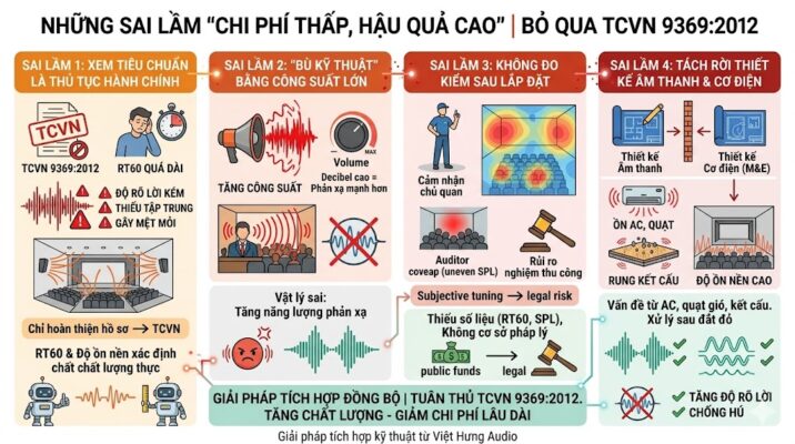 Một infographic kỹ thuật B2B kích thước 600x400 pixel chi tiết hóa quy trình & cấu hình cho hội trường lớn 300-500m² cấp độ chiến lược. Tiêu đề lớn: 'QUY TRÌNH & CẤU HÌNH HỘI TRƯỜNG CHIẾN LƯỢC (300-500m²)'. Chia làm 4 phần ngang/dọc được đánh số và kết nối. Phần 1: 'MÔ HÌNH & MỤC TIÊU CHIẾN LƯỢC'. Sơ đồ hội trường lớn, text: 'Trung tâm hội nghị tỉnh, Tập đoàn lớn', 'HỘI TRƯỜNG 300-500m² (50-150 Người)', 'Mục tiêu kỹ thuật': 'Phủ âm SPL 95-100 dB ĐỒNG ĐỀU', 'CAMERA ĐA GÓC (PTZ 4K + Toàn cảnh) AI TRACKING', 'HỆ THỐNG MCU CHUYÊN DỤNG (Bộ điều khiển đa điểm)', 'DỰ PHÒNG NGUỒN ĐIỆN & AN TOÀN'. Icon flat. Phần 2: 'CẤU HÌNH ĐỀ XUẤT 2026'. 5 phần nhỏ: 1. Hệ thống micro digital conference (Bosch CCS 1000D >100 máy); 2. DSP trung tâm (dbx DriveRack PA2, Feedback suppression 12 band); 3. Camera đa điểm (2-3 Camera PTZ 4K, 1 Camera toàn cảnh, Bàn điều khiển); 4. Hệ thống loa (Line Array mini/Line Array JBL/AAV, 4000-8000W); 5. MCU & Server (Quản lý đa điểm nội bộ, Ghi hình, Phân quyền). Phần 3: 'HẠ TẦNG & TÍCH HỢP ĐẲNG CẤU'. LED, Livestream, Truyền thông IP. Phần 4: 'KẾT LUẬN & NGÂN SÁCH CHIẾN LƯỢC'. 'NGÂN SÁCH THAM KHẢO 2026: 1,2 - 2,5 TỶ VNĐ'. 'ĐẦU TƯ BỀN VỮNG 7-10 NĂM', 'KHÔNG CẦN THAY MỚI', 'CHỐNG HÚ TUYỆT ĐỐI'. Văn bản tiếng Việt 100%. Cuối ảnh có text nhỏ: 'Giải pháp tích hợp kỹ thuật từ Việt Hưng Audio'. Nền trắng sạch, icon phẳng, không logo.