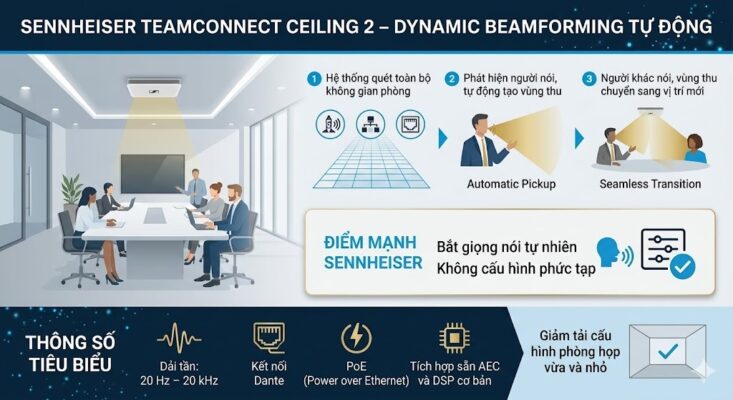 Infographic kỹ thuật về Micro trần Sennheiser TeamConnect Ceiling 2. Hình ảnh minh họa nguyên lý Dynamic Beamforming qua 3 bước: (1) Quét toàn bộ không gian phòng; (2) Tự động tạo vùng thu khi phát hiện người nói (Automatic Pickup); (3) Chuyển vùng thu mượt mà khi người khác phát biểu (Seamless Transition). Bảng thông số liệt kê: Dải tần 20Hz-20kHz, kết nối Dante, nguồn PoE, tích hợp sẵn AEC và DSP cơ bản. Nhấn mạnh điểm mạnh: Bắt giọng nói tự nhiên, không cần cấu hình phức tạp, tối ưu cho phòng họp vừa và nhỏ.