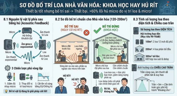 Infographic chi tiết về sơ đồ bố trí loa hội trường. Phần 8.1 giải thích nguyên lý Acoustic Feedback (vòng lặp hú rít). Phần 8.2 so sánh bố trí Sai (loa thấp, chiếu thẳng micro) và bố trí Đúng (loa treo cao >2.5m, chếch 90 độ, micro đặt sau loa). Phần 8.3 hướng dẫn tính số lượng loa: 100m2 dùng 2 loa, 200m2 dùng 4 loa và cách xử lý trần cao trên 5m
