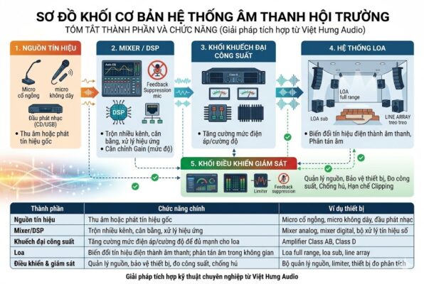 Một infographic kỹ thuật B2B kích thước 1200x800 pixel mô tả sơ đồ khối cơ bản của hệ thống âm thanh hội trường. Tiêu đề: 'SƠ ĐỒ KHỐI CƠ BẢN HỆ THỐNG ÂM THANH HỘI TRƯỜNG'. Chia làm 5 khối chức năng chính: 1. Nguồn tín hiệu (Micro cổ ngỗng, micro không dây, đầu phát nhạc); 2. Mixer/DSP (Trộn kênh, cân bằng, Gain); 3. Khối khuếch đại công suất (Amplifier Class AB, Class D); 4. Hệ thống loa (Full-range, Sub, Line Array); 5. Khối điều khiển & giám sát (Quản lý nguồn, Limiter, Chống hú). Phía dưới là bảng tóm tắt chi tiết thành phần, chức năng và ví dụ thiết bị bằng tiếng Việt 100%. Phong cách thiết kế hiện đại, màu sắc chuyên nghiệp, không logo AI.