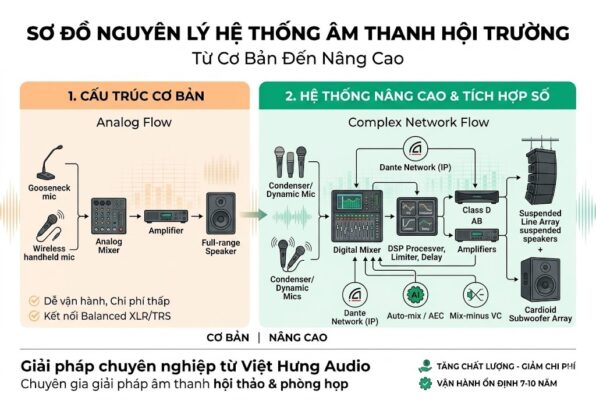 Một infographic kỹ thuật chuyên sâu so sánh sơ đồ nguyên lý âm thanh hội trường. Phần bên trái là 'CẤU TRÚC CƠ BẢN' với luồng tín hiệu Analog: Micro cổ ngỗng, Micro không dây -> Analog Mixer -> Amplifier -> Loa Full-range. Phần bên phải là 'HỆ THỐNG NÂNG CAO & TÍCH HỢP SỐ' với luồng tín hiệu số phức tạp: Micro Condenser/Dynamic -> Digital Mixer -> Mạng âm thanh Dante (IP) -> DSP Processor (Limiter, Delay, AEC) -> Amplifier Class D/AB -> Hệ thống loa Line Array treo và Cardioid Subwoofer Array. Hình ảnh minh họa các tính năng hiện đại như Auto-mix, Mix-minus cho hội nghị trực tuyến. 100% tiếng Việt, phong cách B2B hiện đại, không logo AI.