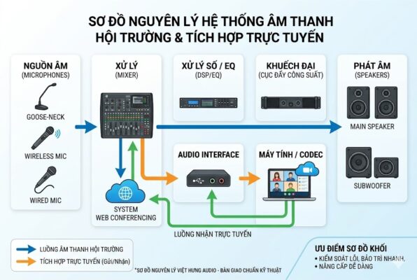 Infographic mô tả chi tiết sơ đồ khối hệ thống âm thanh hội trường bao gồm 5 khối chức năng: Nguồn âm (Micro), Xử lý (Mixer), Xử lý số (DSP/EQ), Khuếch đại (Cục đẩy) và Phát âm (Loa). Sơ đồ minh họa rõ nét hai luồng tín hiệu độc lập: luồng âm thanh nội bộ hội trường và luồng tích hợp gửi/nhận cho họp trực tuyến (Zoom/Teams) qua Audio Interface và Codec, giúp tối ưu quy trình bảo trì và nâng cấp.