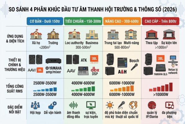 Bảng tổng hợp so sánh 4 cấp độ đầu tư âm thanh hội trường của Việt Hưng Audio: (1) Cơ bản <150tr cho xã/trường học <200m2; (2) Tiêu chuẩn 150-300tr cho doanh nghiệp 300-500m2; (3) Nâng cao 300-600tr cho trung tâm đào tạo 500-800m2; (4) Cao cấp >800tr cho sự kiện lớn >1000m2. Hiển thị rõ các thương hiệu AAV, JBL, Yamaha, Bosch, A&H cùng dải công suất RMS từ 2500W đến trên 10000W và các tính năng IP/Dante, đa phương tiện.