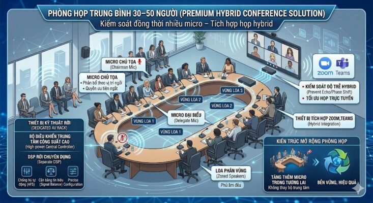 Infographic phối cảnh 3D phòng họp quy mô trung bình (30-50 người) với bàn họp chữ U. Sơ đồ mô tả hệ thống micro đại biểu và micro chủ tọa có quyền ưu tiên ngắt. Hệ thống hạ tầng bao gồm tủ rack kỹ thuật với bộ điều khiển trung tâm công suất cao và bộ xử lý DSP rời chuyên dụng (AFS, cân bằng tín hiệu). Hình ảnh minh họa việc phân vùng loa để phủ âm đều và tích hợp họp trực tuyến qua Zoom/Teams. Nhấn mạnh khả năng kiểm soát độ trễ Hybrid, chống dội âm và kiến trúc mở cho phép tăng thêm micro trong tương lai.