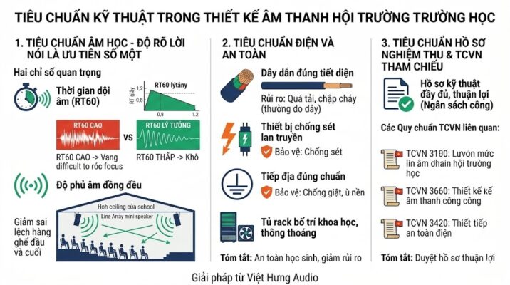 Infographic kỹ thuật chuyên nghiệp mô tả chi tiết 3 nhóm tiêu chuẩn cho thiết kế âm thanh hội trường trường học: 1. Tiêu chuẩn Âm học (Độ rõ lời nói, RT60 lý tưởng 0.8-1.2s, so sánh RT60 Cao vs. Thấp, Độ phủ âm đồng đều với Line Array mini trần cao); 2. Tiêu chuẩn Điện & An toàn (Dây dẫn đúng tiết diện, Chống sét lan truyền, Tiếp địa đúng chuẩn, Tủ rack khoa học); 3. Tiêu chuẩn Hồ sơ Nghiệm thu & TCVN tham chiếu (Duyệt hồ sơ thuận lợi khi dùng ngân sách công, ví dụ TCVN QCVN, TCVN về tiếng ồn giáo dục, âm thanh công cộng, an toàn điện). Sử dụng flat icons, biểu đồ RT60, sơ đồ mặt cắt hội trường, sơ đồ điện. Văn bản 100% tiếng Việt rõ ràng. Chân trang có dòng text "Giải pháp từ Việt Hưng Audio".