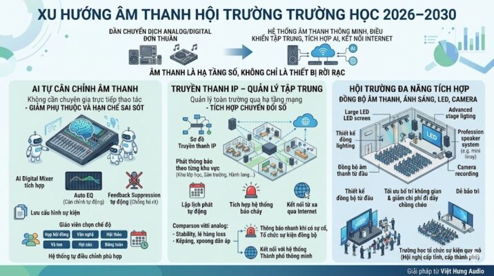 Infographic kỹ thuật về xu hướng âm thanh trường học 2026-2030, trình bày 3 cột chính. Tiêu đề lớn: XU HƯỚNG ÂM THANH HỘI TRƯỜNG TRƯỜNG HỌC 2026–2030. Sơ đồ trên: DẦN CHUYỂN DỊCH ANALOG/DIGITAL ĐƠN THUẦN -> HỆ THỐNG ÂM THANH THÔNG MINH, ĐIỀU KHIỂN TẬP TRUNG, TÍCH HỢP AI, KẾT NỐI INTERNET. Văn bản: ÂM THANH LÀ HẠ TẦNG SỐ, KHÔNG CHỈ LÀ THIẾT BỊ. 1. AI TỰ CÂN CHỈNH ÂM THANH (Không cần chuyên gia, Auto EQ, Feedback Suppression, Vận hành chế độ Họp/Văn nghệ/Hội thảo); 2. TRUYỀN THANH IP - QUẢN LÝ TẬP TRUNG (Mạng lưới IP quản lý toàn trường, Phát theo vùng, Lập lịch tự động, Tích hợp báo cháy, ổn định, mở rộng, Chuyển đổi số, Sự cố nhanh, Kết nối Thành phố thông minh); 3. HỘI TRƯỜNG ĐA NĂNG TÍCH HỢP (Âm thanh, Ánh sáng, LED, Camera ghi hình; Tối ưu không gian & chi phí, Dễ bảo trì, Tổ chức sự kiện quy mô Cấp tỉnh/Thành phố). Văn bản chân trang 'Giải pháp từ Việt Hưng Audio'. Icon phẳng sạch sẽ, màu sắc hiện đại. Nền trắng sạch